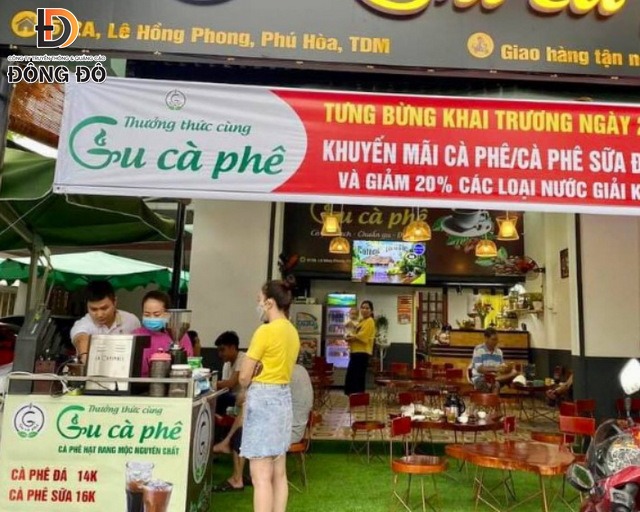 Mẫu băng rôn khai trương quán Cali café màu vàng đỏ thu hút